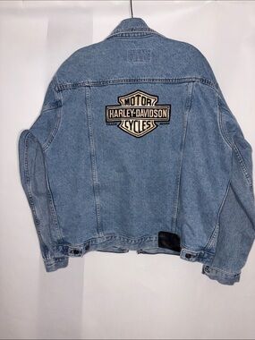 Vintage Y2K Distressed Harley Davidson Embroidered Denim Jean Jacket SZ Medium
